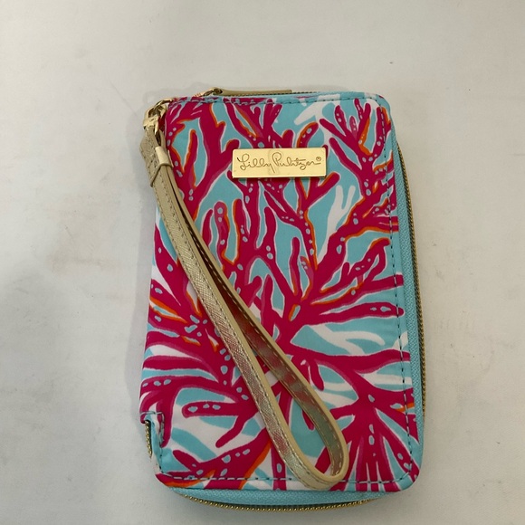 Lily Pulitzer Tiki Palm Design Wristlet Wallet Phone Case Pink Blue Zip Close - Picture 9 of 16
